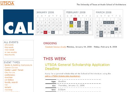 screenshot of homepage of UTSOA Calendar website